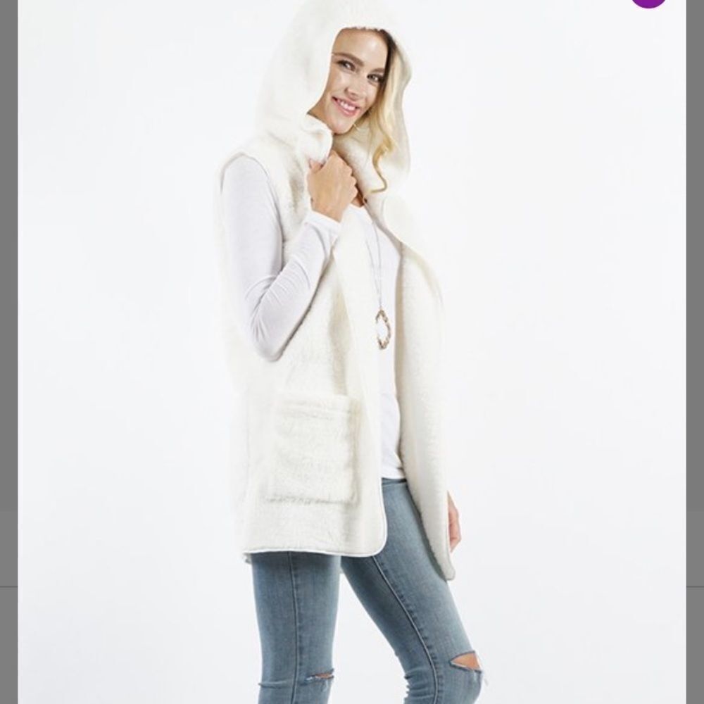 Sherpa Teddy Bear Hooded Ivory Cardigan Vest